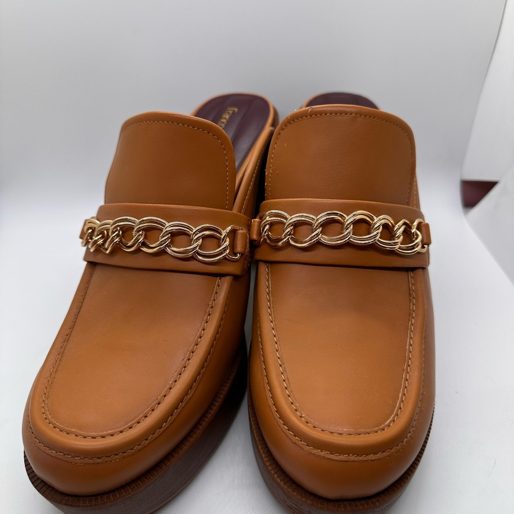 Franco Sarto Brown Mules with Gold Chain